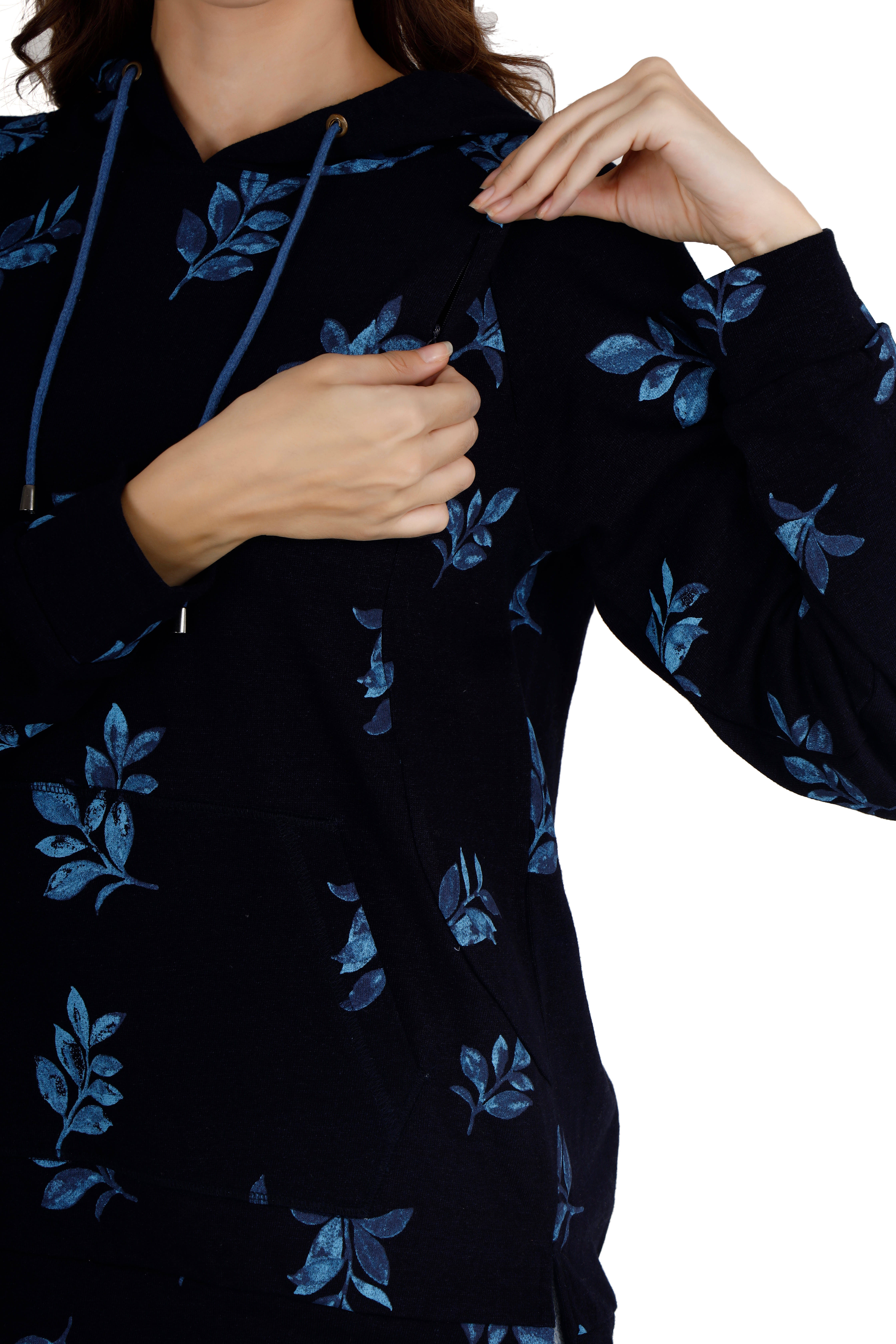 Women's Floral Navy Blue Hoodie thumbnail 4